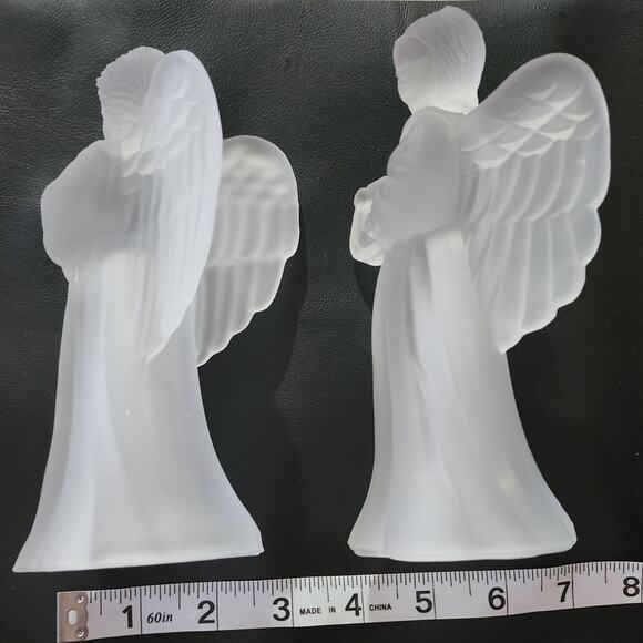 Set of 2 Frosted Christmas Angels Playing Harp Caroling Book Tea Light Decor - Picture 7 of 8